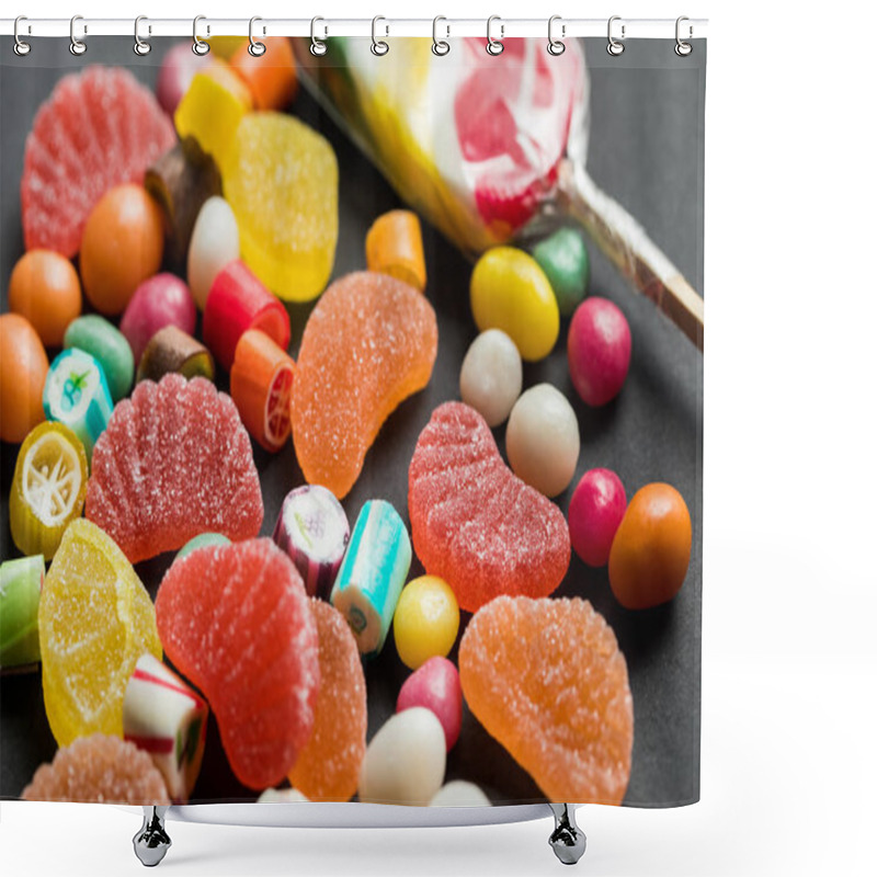 Personality  Selective Focus Of Delicious Caramel And Jelly Sweets On Black Background Shower Curtains