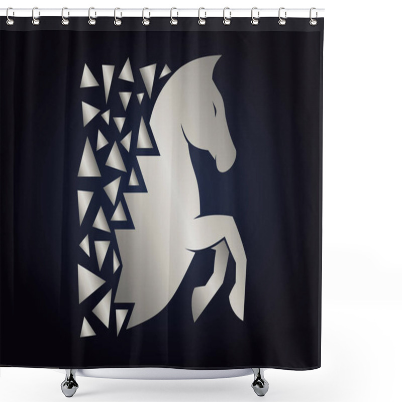 Personality  Abstract Vector Logo Of The Horse. Silver Horse Silhouette On Dark Background. Running Horse With Triangles Behind. Shower Curtains