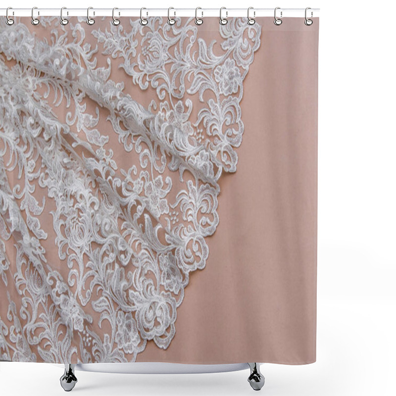 Personality  Texture Lace Fabric. Lace On White Background Studio. Thin Fabric Made Of Yarn Or Thread. A Background Image Of Ivory-colored Lace Cloth. White Lace On Beige Background. Shower Curtains