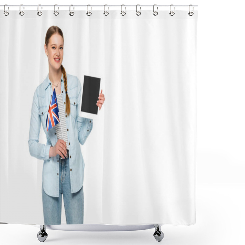 Personality  Smiling Pretty Girl With Braid Holding Digital Tablet With Blank Screen And Uk Flag Isolated On White Shower Curtains