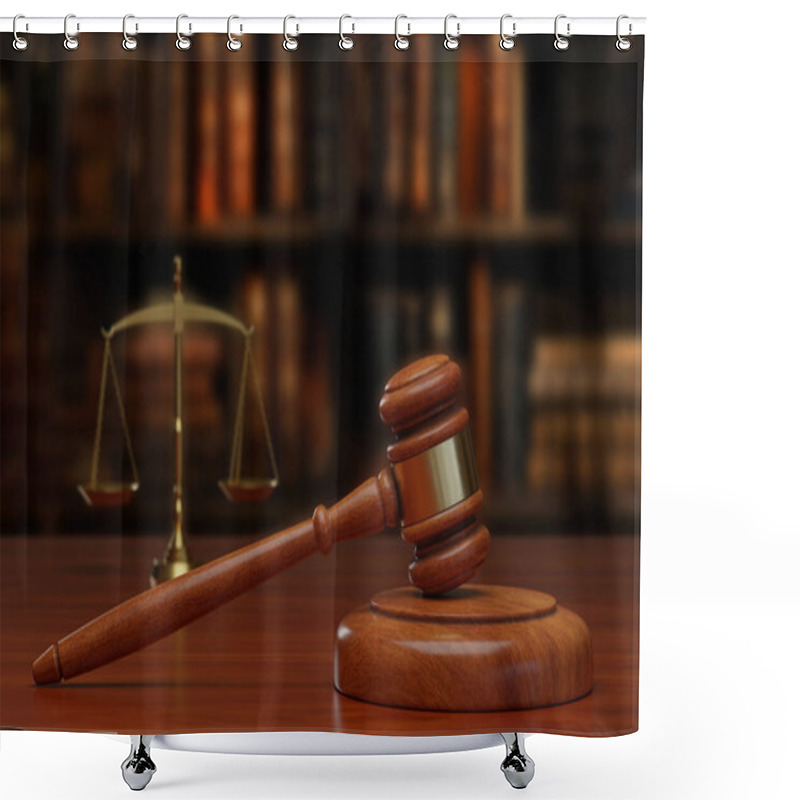 Personality  Wooden Gavel And Justice Scales On Wooden Desk. Justice Concept. 3d Illustration. Shower Curtains