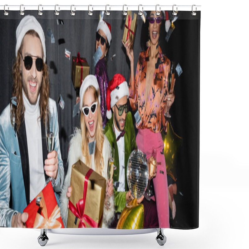 Personality  Happy Interracial Friends In Santa Hats And Sunglasses Having Party Near Grey Curtain On Black Background, Banner Shower Curtains