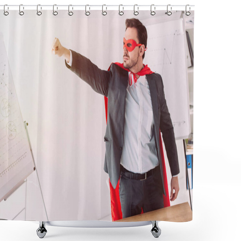 Personality  Handsome Super Businessman In Mask And Cape Standing With Hand Up In Office Shower Curtains