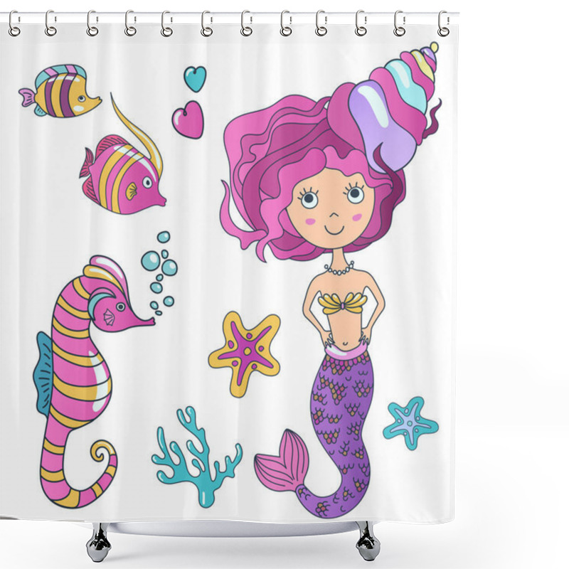 Personality  Vector Beautiful Cute Little Siren Mermaid With Sea Horse Hippocampus, Tropic Fish And Sea Stars. Hand Drawn Illustration. Shower Curtains