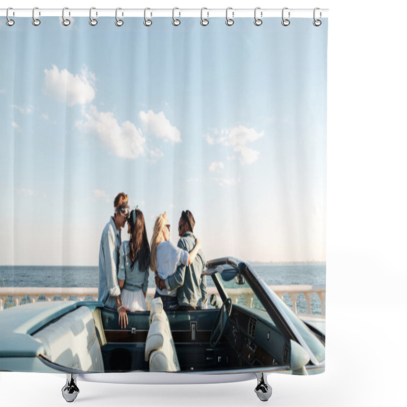 Personality  Back View Of Two Couples Standing And Hugging Near Car Shower Curtains