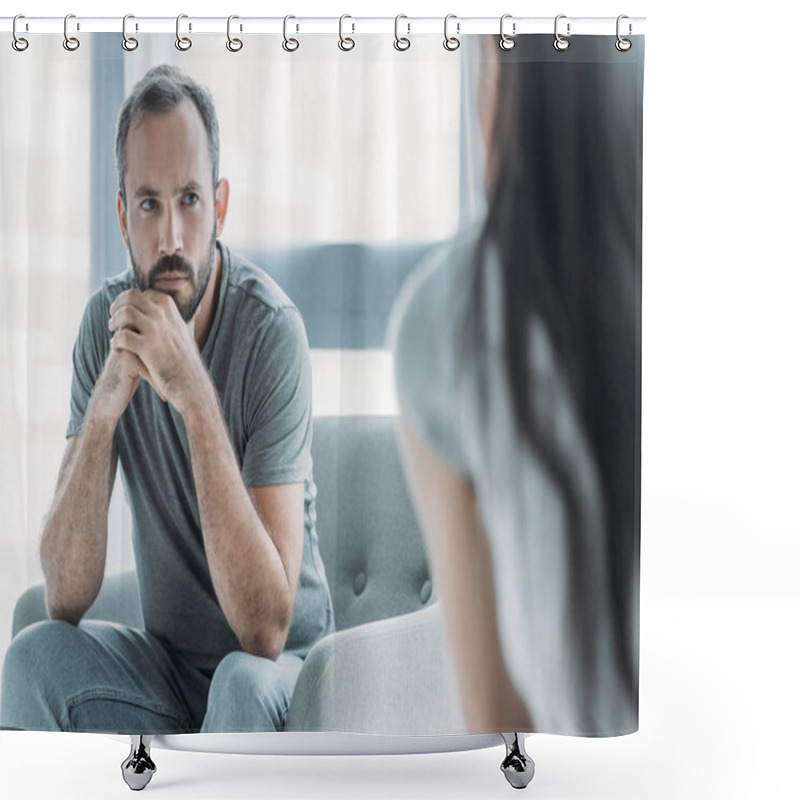 Personality  Cropped Shot Of Unhappy Middle Aged Man Looking At Young Girlfriend, Relationship Difficulties Concept  Shower Curtains