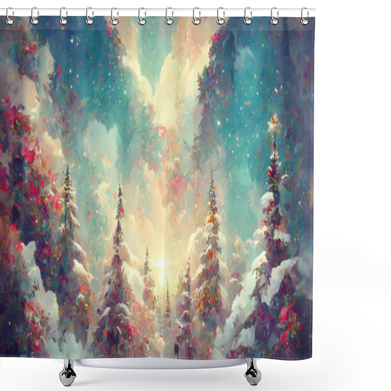 Personality  Fairy Forest, Christmas Big Snowy Fir Trees Against Background. Natural Scenery Realistic Illustration. 3D Render Beautiful Artwork. Colorful Impressionism. Shower Curtains