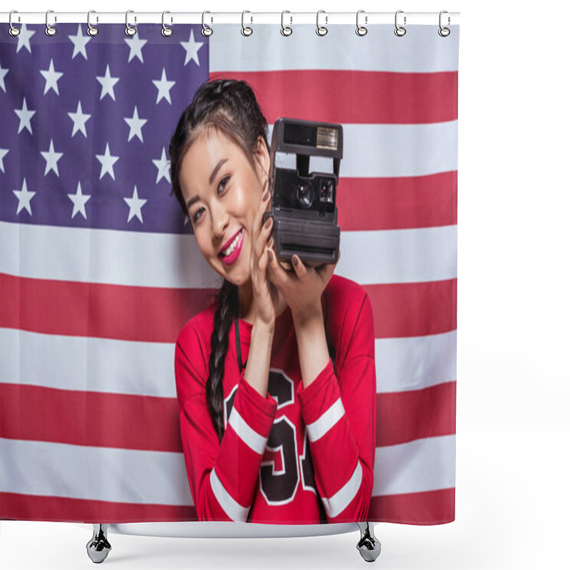 Personality  Woman Holding Retro Photo Camera Shower Curtains