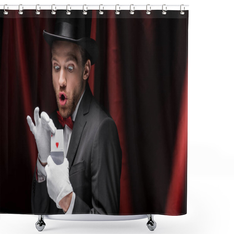 Personality  Shocked Magician Holding Playing Cards In Circus With Red Curtains Shower Curtains