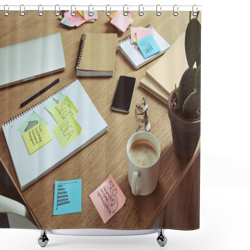 Personality  Note Papers With Business Strategy, Cup Of Coffee And Smartphone With Blank Screen On Table Shower Curtains