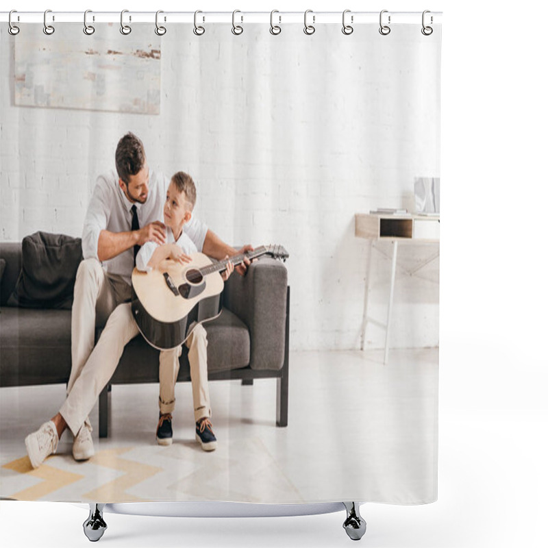 Personality  Dad Teaching Son To Play Acoustic Guitar At Home Shower Curtains