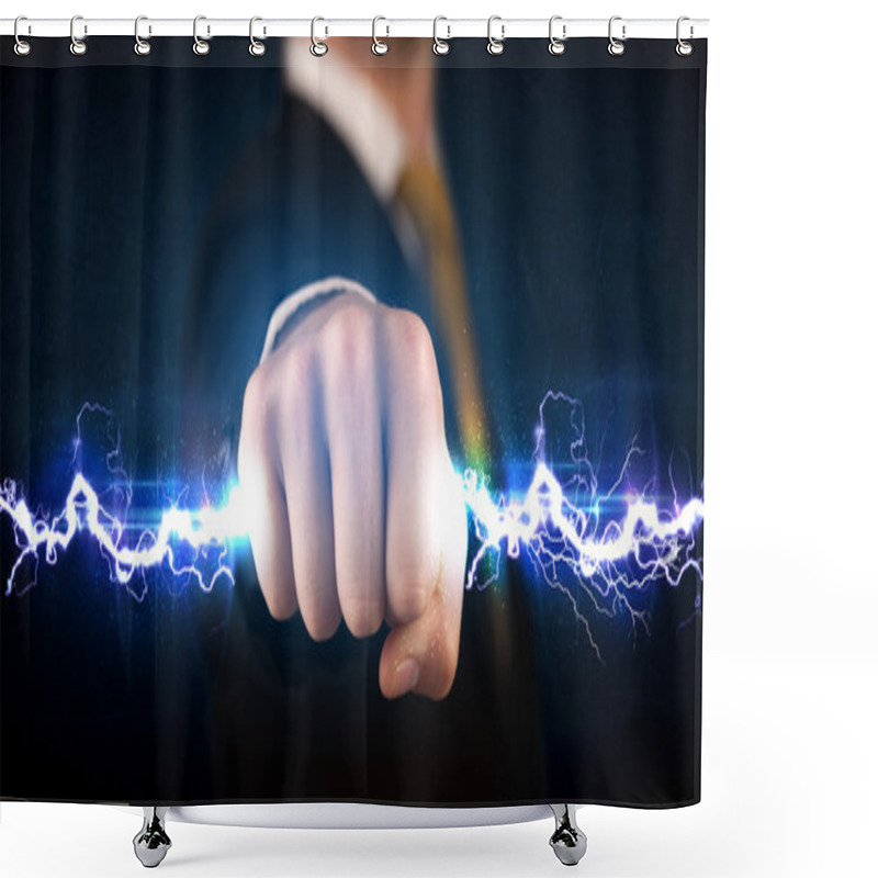 Personality  Business Man Holding Electricity Light Bolt In His Hands Shower Curtains