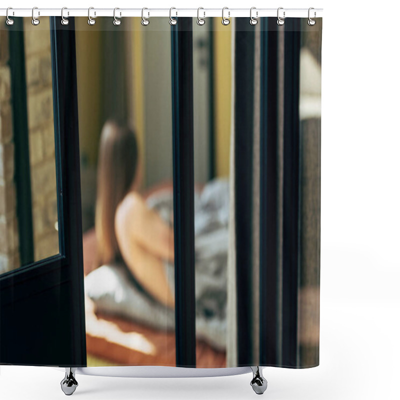 Personality  Selective Focus Of Door Near Sensual Woman Lying In Bedroom  Shower Curtains