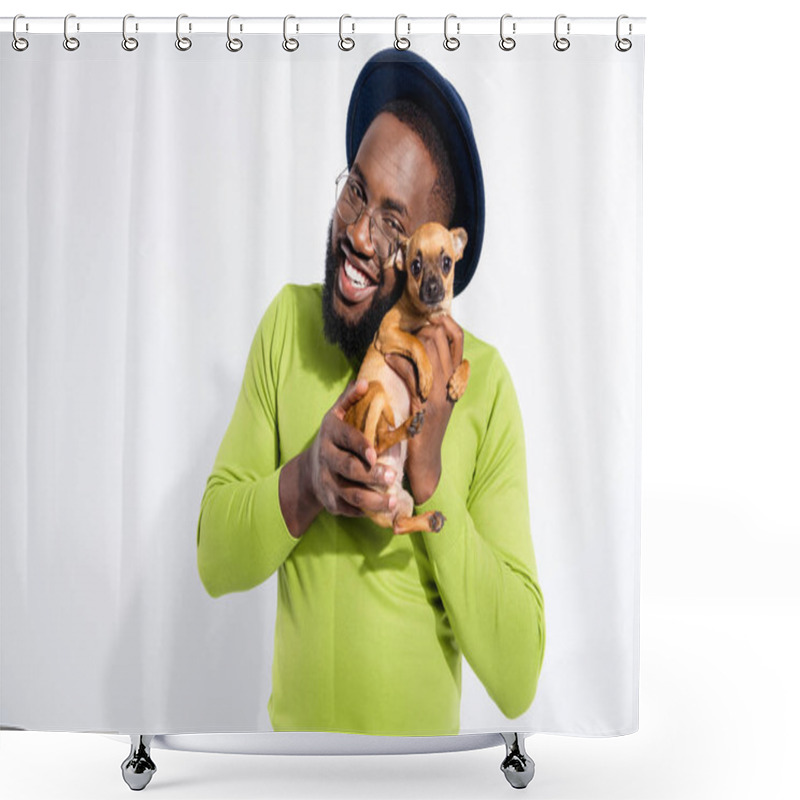 Personality  Portrait Of Cheerful Guy Hugging His Toy Terrier Wearing Eyeglasses Eyewear Isolated Over White Background Shower Curtains