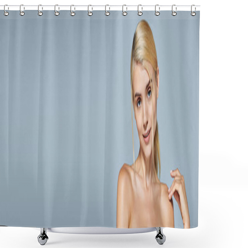 Personality  Banner Of Pretty Woman Smiling Lightly And Touching Shoulder With Hand In Gray Background Shower Curtains