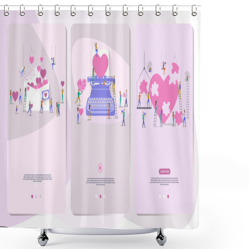 Personality  Mobile App Page With Hearts And Small People Around Them. Editable Vector Illustration Shower Curtains