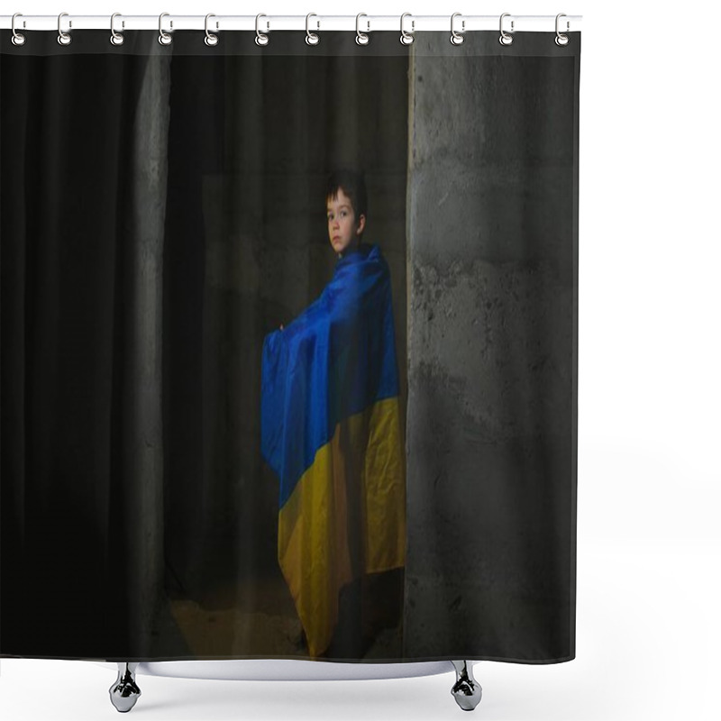 Personality  War Russia Against Ukraine, A Boy Wrapped In The Flag Of Ukraine. Stop The War. Shower Curtains