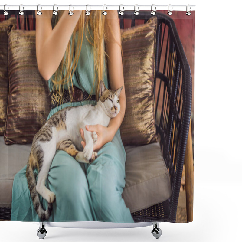 Personality  A Young Woman Having A Mediterranean Breakfast Seated At Her Sofa And With Her Cat Shower Curtains