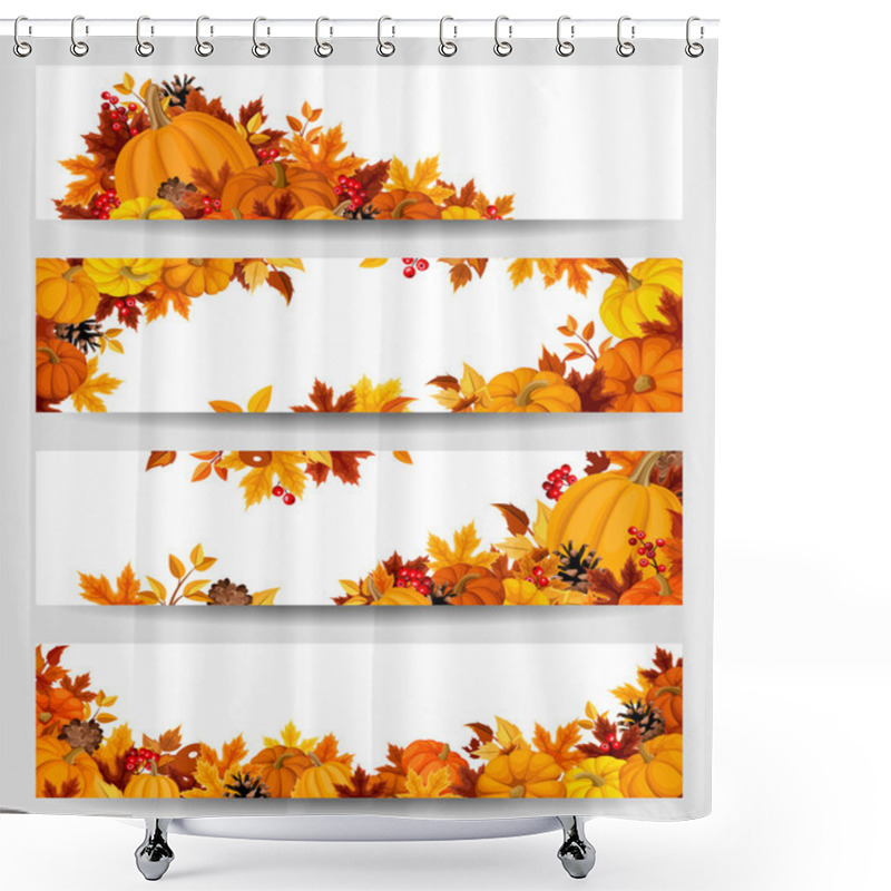 Personality  Vector Banners With Orange Pumpkins And Autumn Leaves. Shower Curtains