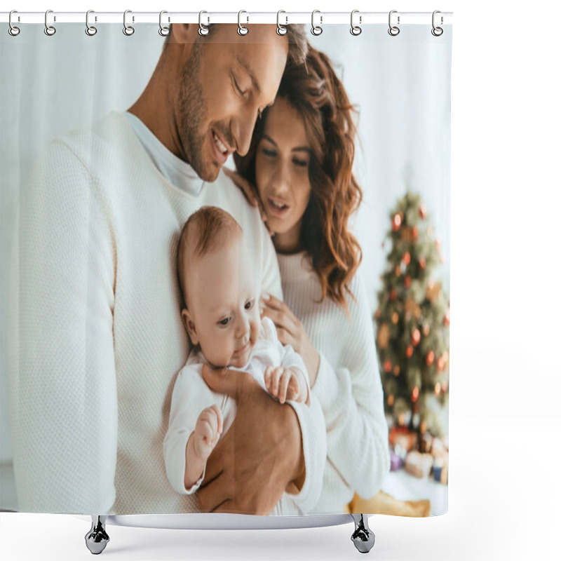 Personality  Happy Mother Standing Near Husband Holding Cute Little Daughter Shower Curtains