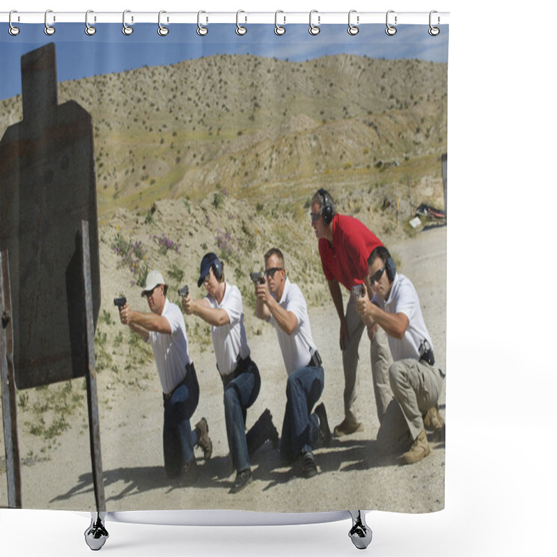 Personality  Four Firing Guns At Shooting Range Shower Curtains