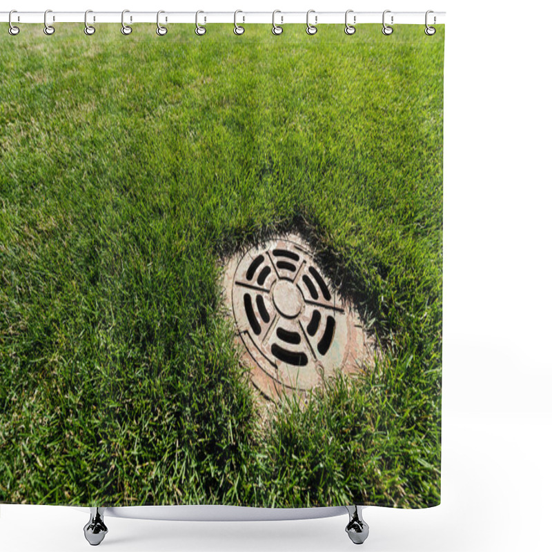 Personality  Metallic Manhole Cover On Green And Fresh Grass  Shower Curtains