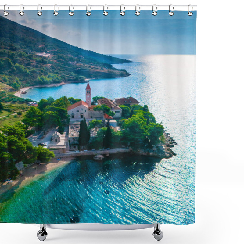 Personality  Nestled Along The Stunning Coast Of Brac Island Croatia, A Picturesque Village Glimmers Under The Sun Shower Curtains