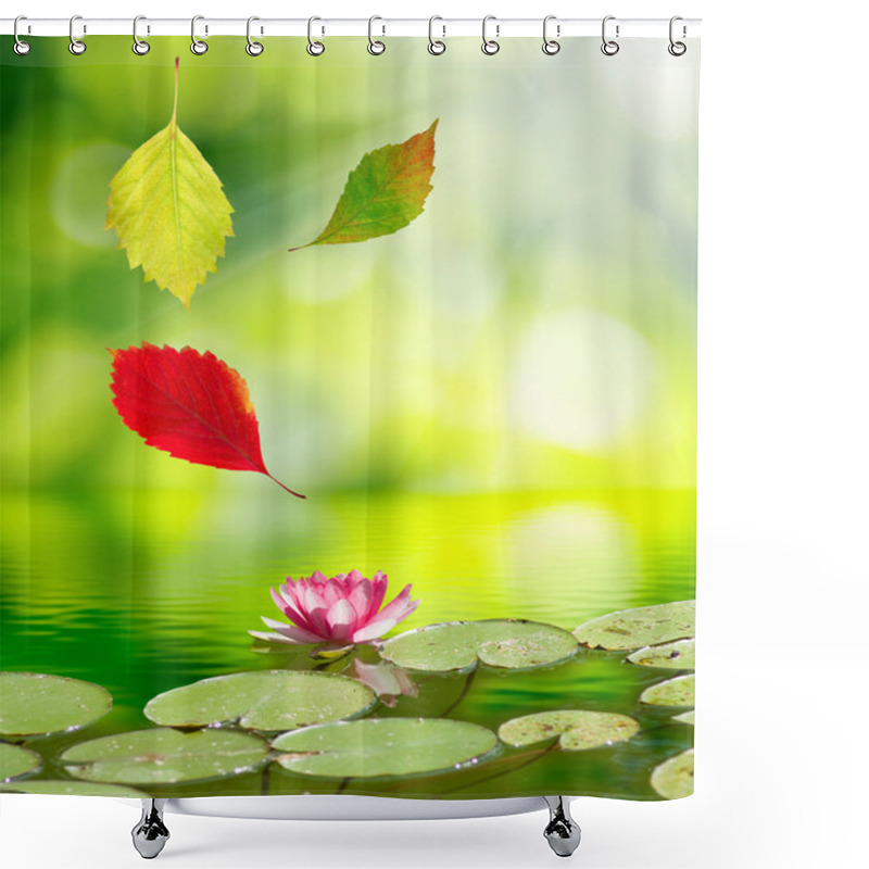 Personality  Image Of Falling Autumn Leaves On The  Lotus Flower Background Of  Water Shower Curtains