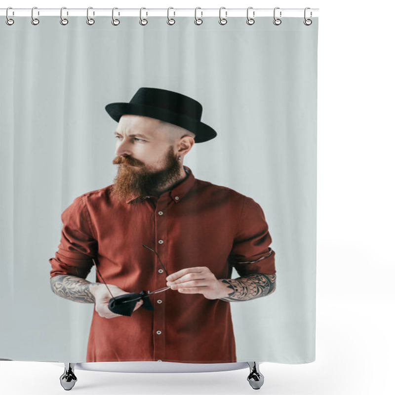 Personality  Bearded Handsome Man Cleaning Glasses And Looking Away Isolated On White Shower Curtains