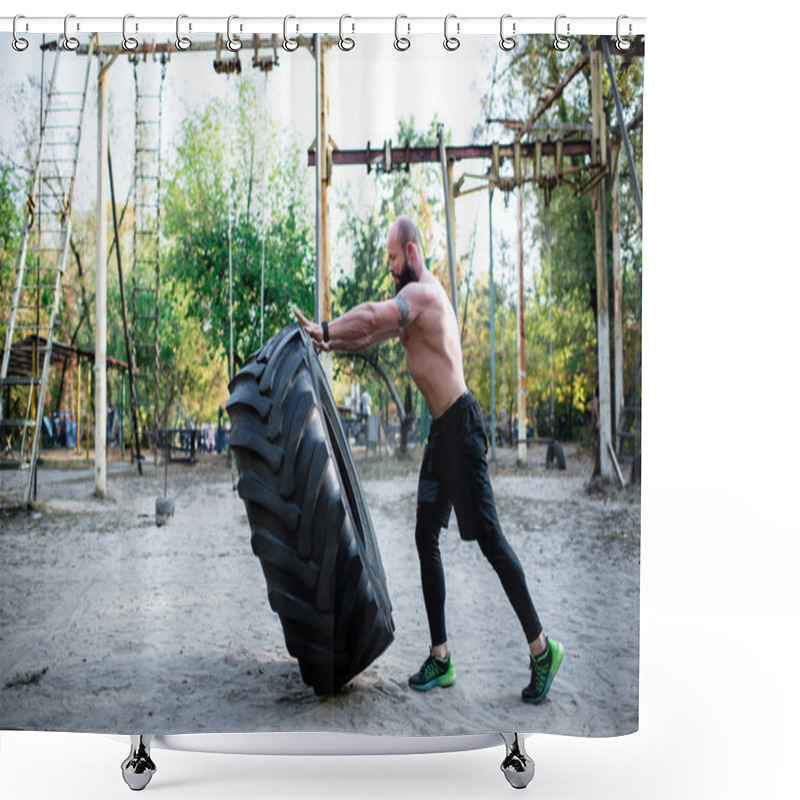 Personality  Man Lifting Large Tire Shower Curtains