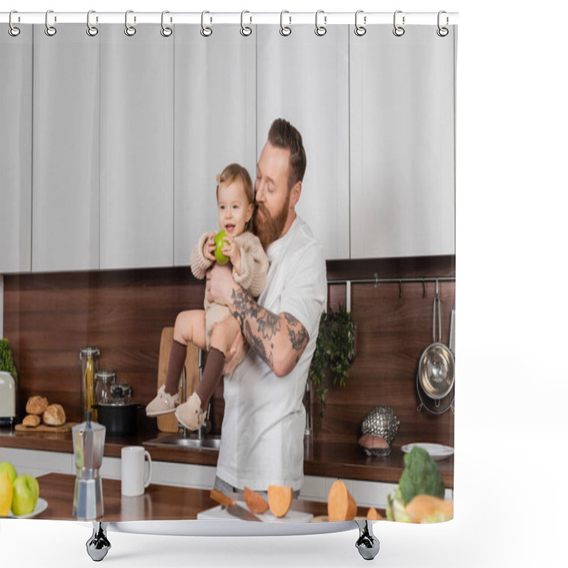 Personality  Tattooed Dad Holding Daughter With Apple In Kitchen  Shower Curtains