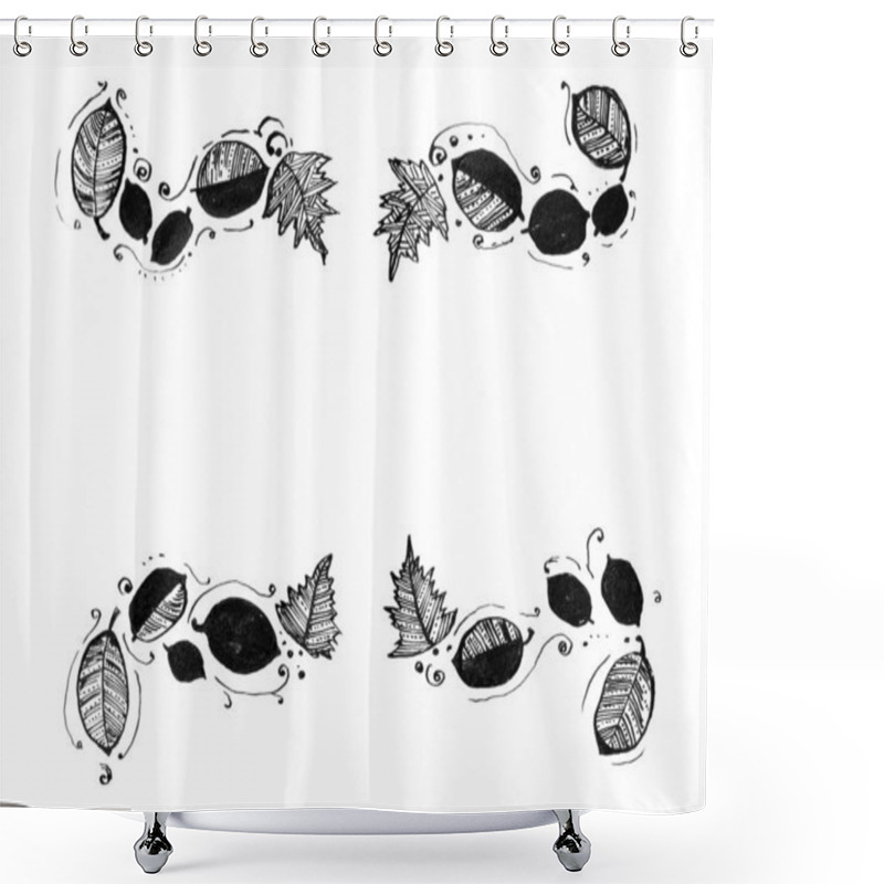 Personality  Frame, Framing Of Leaves. White Background And Copy Space. Leaves Of Different Shapes And Sizes, Filled With Decor. Lines, Dots, Ornament Or Fill. Black Color. Doodle. Dots, Swirls Around. Isolated. Shower Curtains