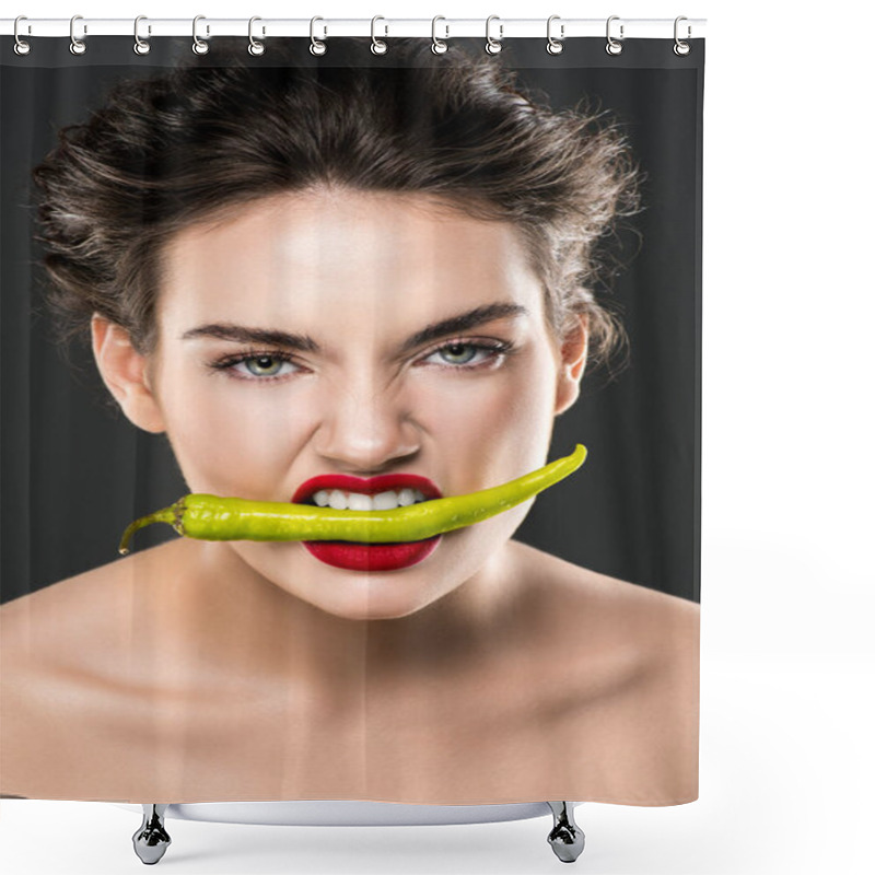 Personality  Portrait Of Woman Holding Green Chili Pepper In Teeth, Isolated On Grey Shower Curtains