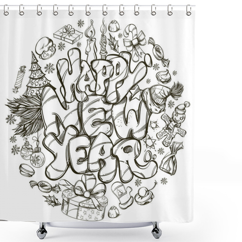 Personality  Hand Drawn Outline Illustration With Happy New Year Inscription Shower Curtains