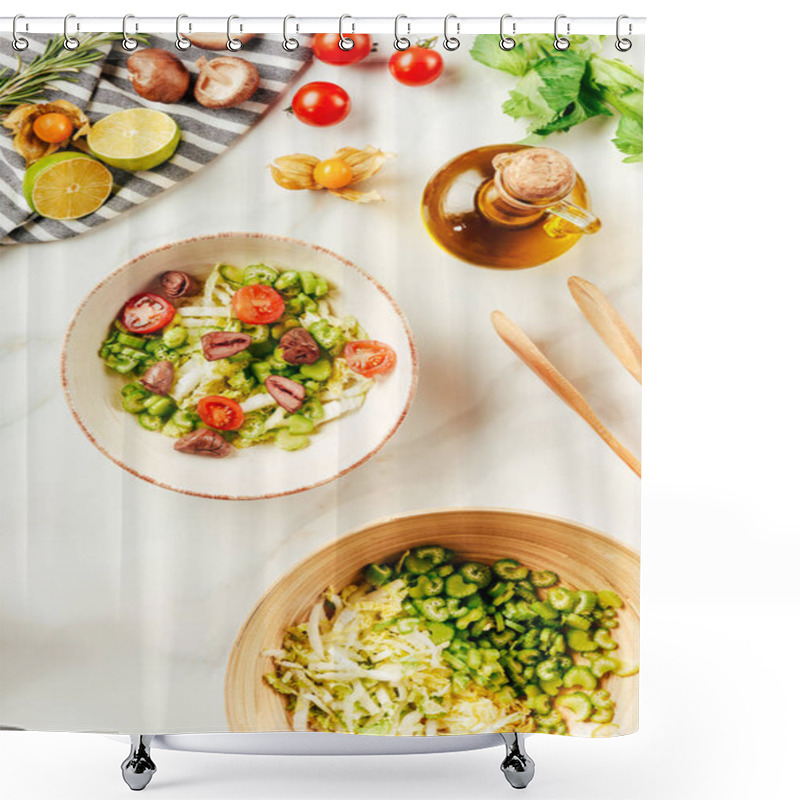 Personality  Top View Of Salad, Cabbage And Celery In Bowls With Bottle Of Oil, Cherry Tomatoes, Limes And Mushrooms  Shower Curtains