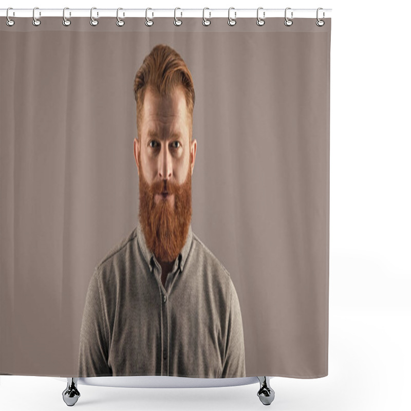 Personality  Irish Man. Bearded Man With Red Beard And Moustache. Serious Unshaven Man Studio Isolated On Grey. Shower Curtains