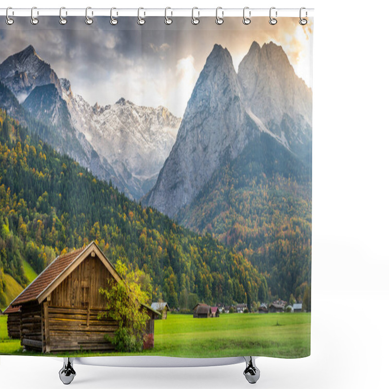 Personality  Bavarian Alps And Rustic Farm Barns, Garmisch Partenkirchen, Zugspitze Massif, Bavaria, Germany Shower Curtains