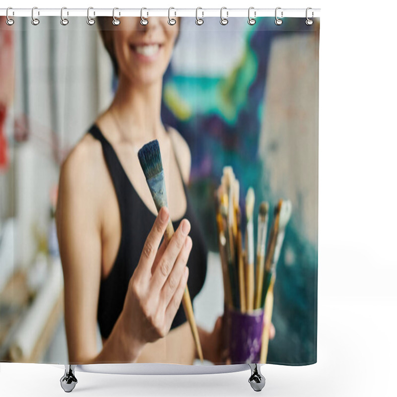 Personality  A Woman Holds A Paintbrush, Ready To Create Art. Shower Curtains