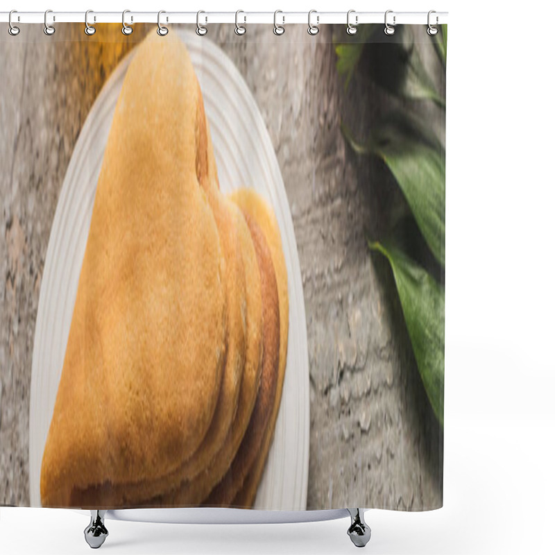 Personality  Delicious Heart Shaped Pancakes On Plate Near Plant On Grey Concrete Surface, Panoramic Shot Shower Curtains