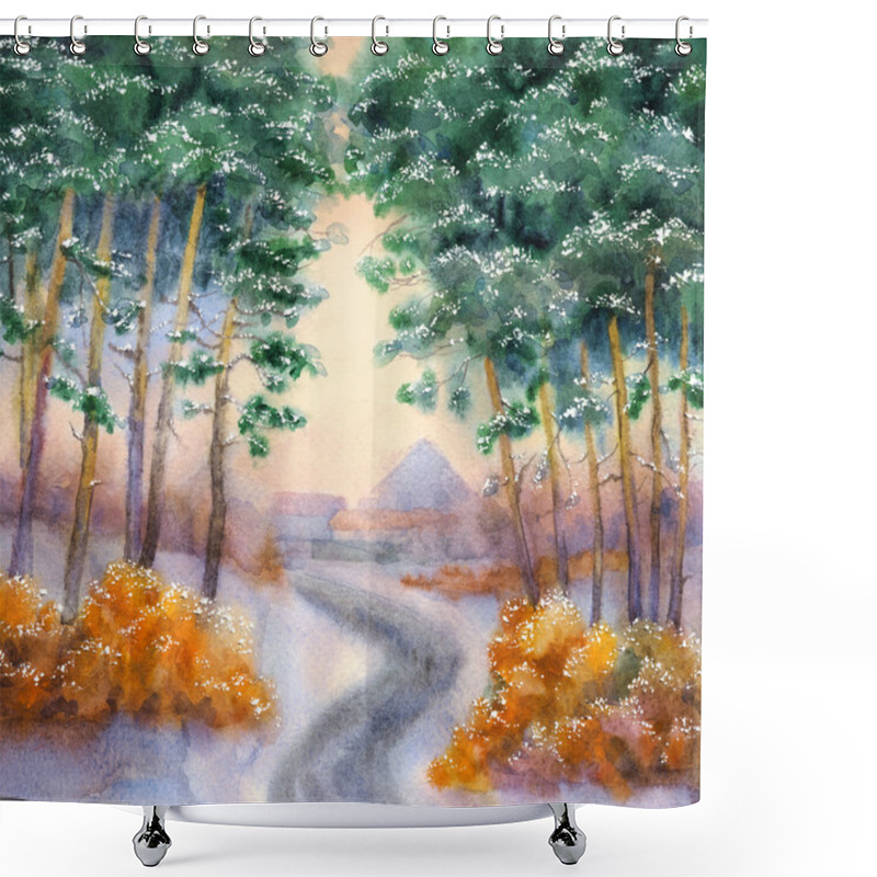 Personality  Winter Road To The Village Through A Pine Forest Shower Curtains