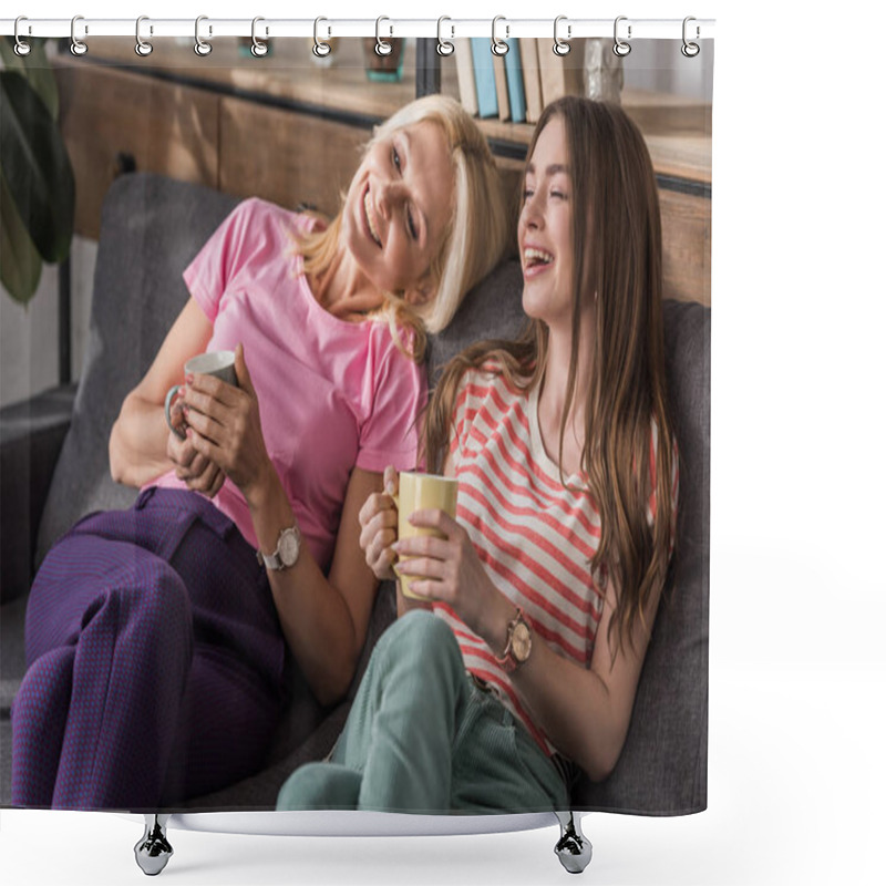 Personality  Happy Mother And Daughter Laughing While Sitting On Sofa And Holding Tea Cups Shower Curtains