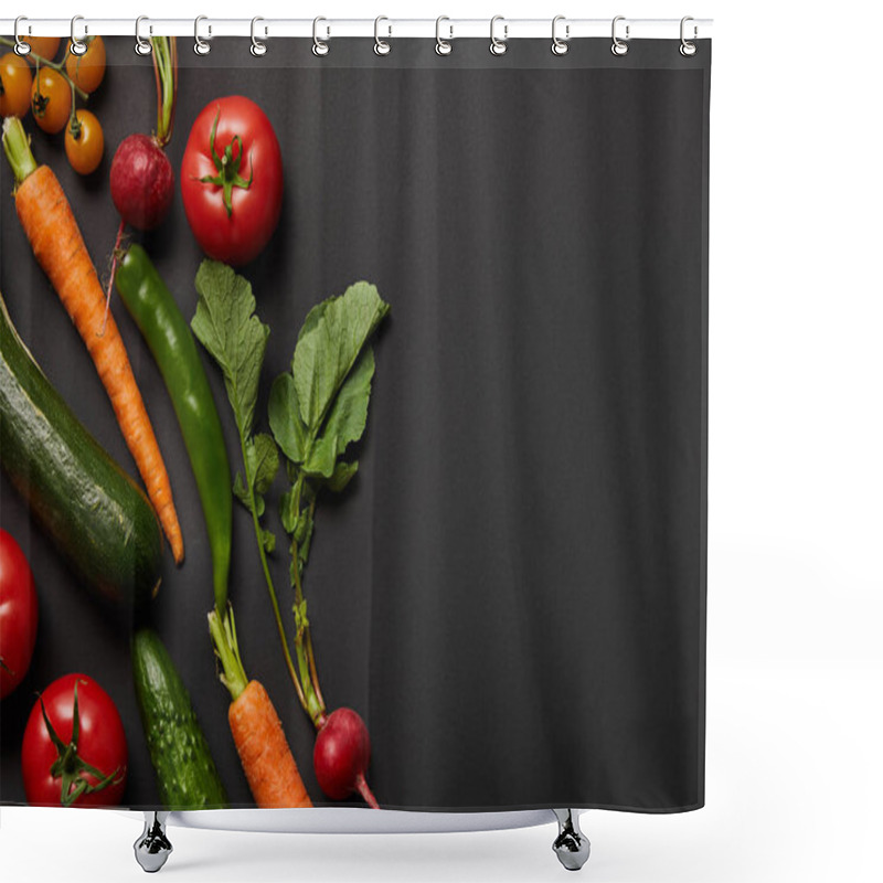 Personality  Top View Of Raw Tasty Vegetables With Green Leaves On Black Background With Copy Space Shower Curtains