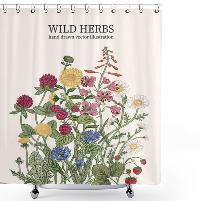 Personality  Wild Flowers. Herbal Tea. Vector Illustration. Shower Curtains