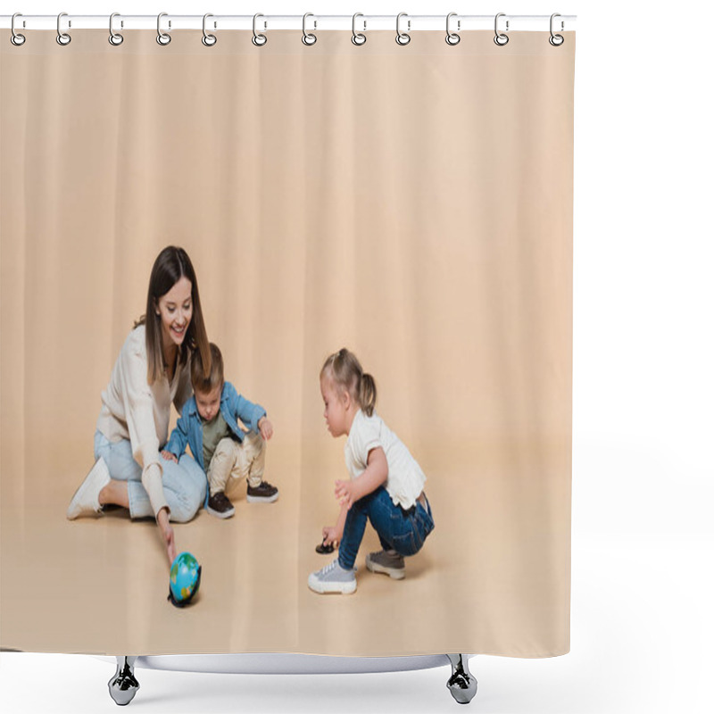 Personality  Happy Woman Playing With Globe Near Toddler Boy And Girl With Down Syndrome On Beige Shower Curtains