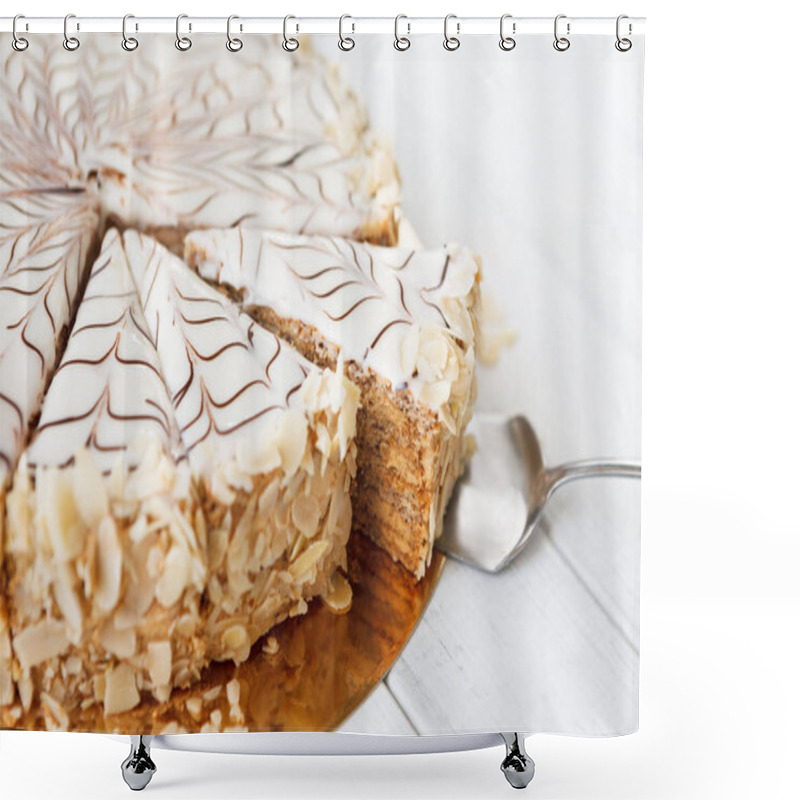 Personality  Esterhazy Cake Sliced On White Plate Closeup Shower Curtains