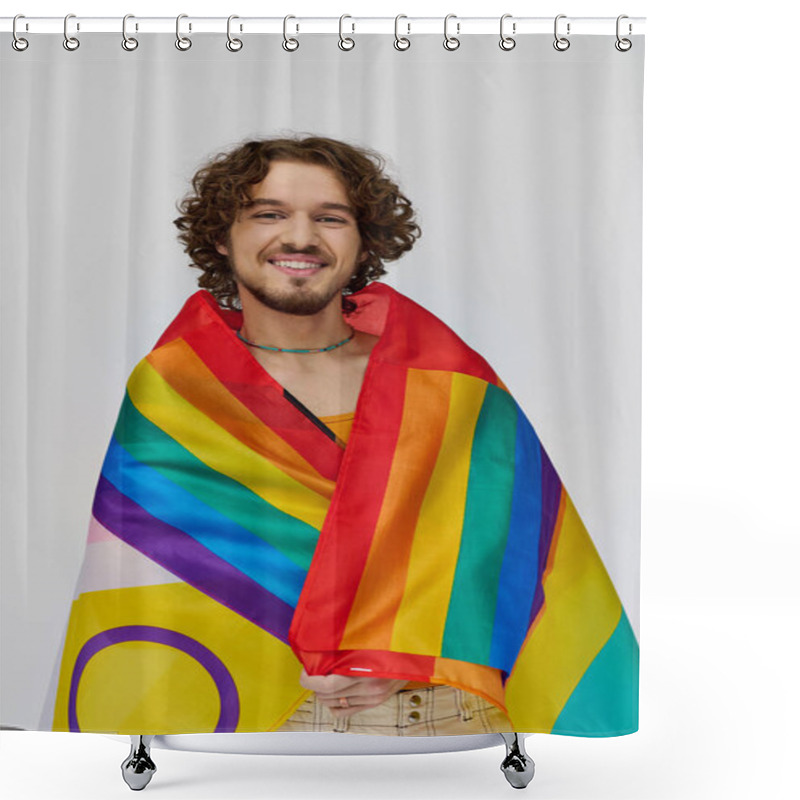 Personality  Cheerful Alluring Gay Man With Dark Hair Holding Rainbow Flag And Smiling Happily At Camera Shower Curtains