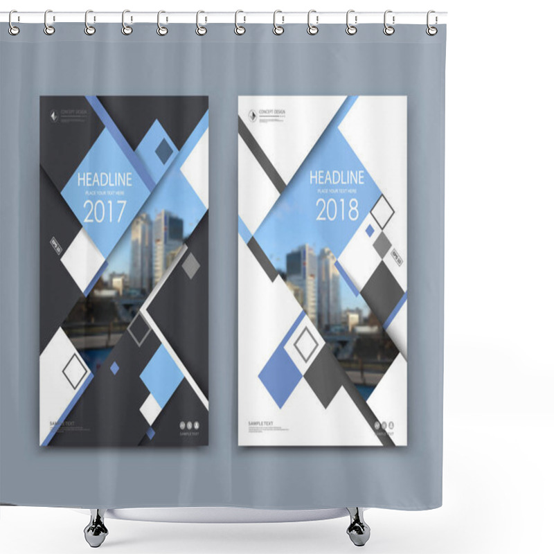 Personality  White Book Binder Mockup. A4 Brochure Cover Design. Title Sheet Model Set. Modern Vector Front Page Art. Urban City House Board. Blue Lines Frame, Rhombus Figure, Brand Logo Icon. Ad Flyer Text Font Shower Curtains