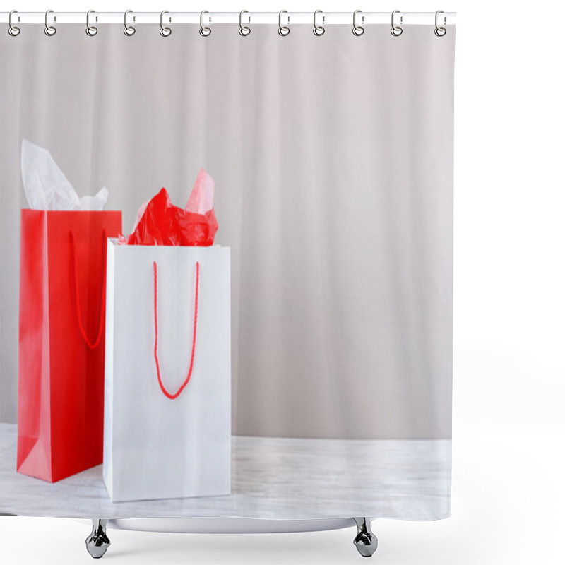 Personality  Presents On The Table With Paper Shopping Bags Shower Curtains