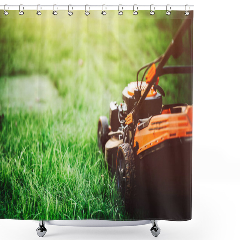 Personality  Cutting The Grass In Backyard. Gardening And Landscaping Concept Shower Curtains