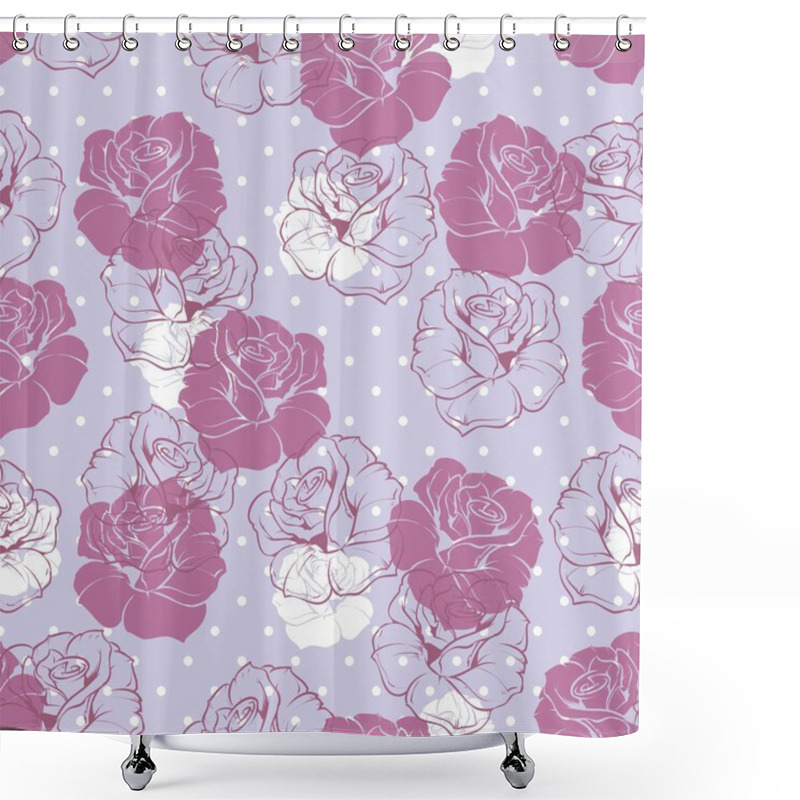 Personality  Seamless Vector Dark Floral Pattern With Violet Pink And White Retro Roses On Polka Dots Blue Background Shower Curtains